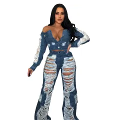 Women's Fashion Individual Casual Ripped Jeans - Blue - View 1