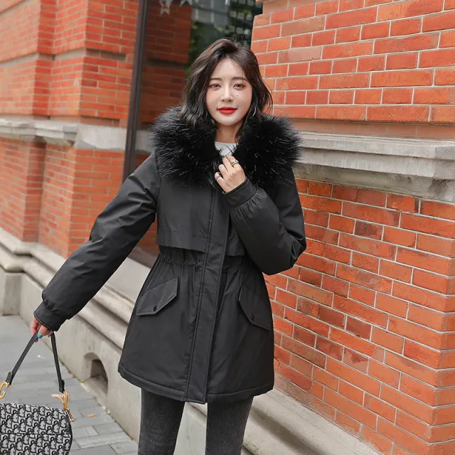 Big Fur Collar Loose Cotton padded Fleece lined Thickened Parka Cotton Clothing Black - Shop at LoveMi