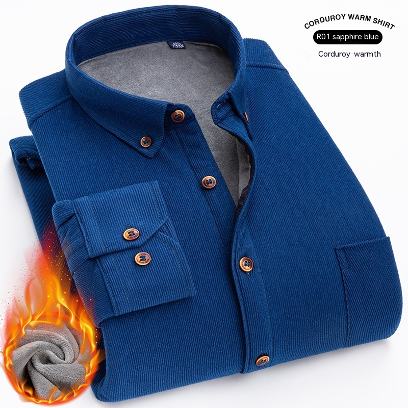 Thermal Shirt Men's Fleece-lined Thick Solid Color Corduroy Thermal Shirt Autumn And Winter