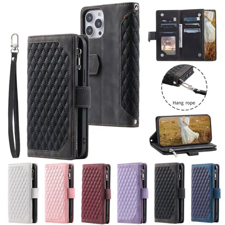 Plaid Lambskin Zipper Bag Wallet Card Flip Leather Case