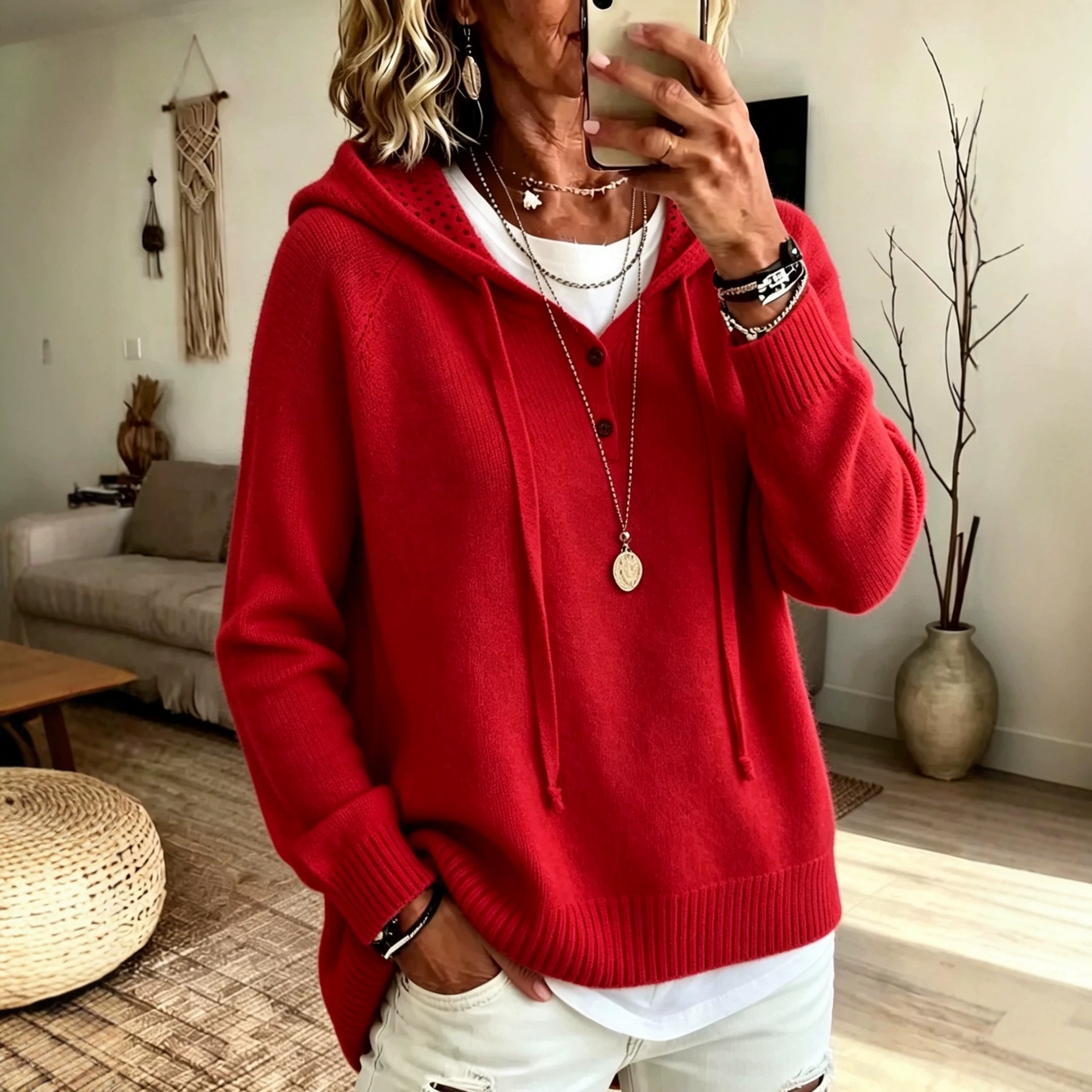 Women's Solid-Color Buttoned Hooded Pullover Knit Sweater Long-Sleeve Jacket
