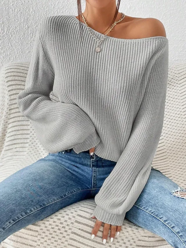 Commute Style Autumn And Winter New Personalized Off the shoulder Pullover Knitting Solid Color Loose Leisure All matching Pullover Boat Neck Sweat... Light Gray - Shop at LoveMi