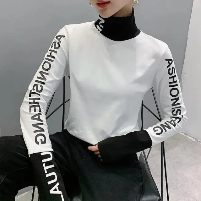 Women's Fashion Black And White Printed Long sleeved Top Turtleneck Bottoming Shirt White - Shop at LoveMi