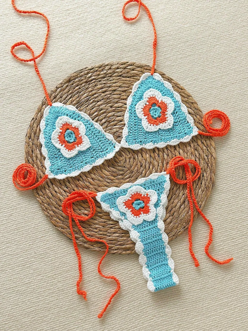 Handmade Knitted Crocheted Color Halter Lace-up Banded Bikini Two-piece Swimsuit - Blue