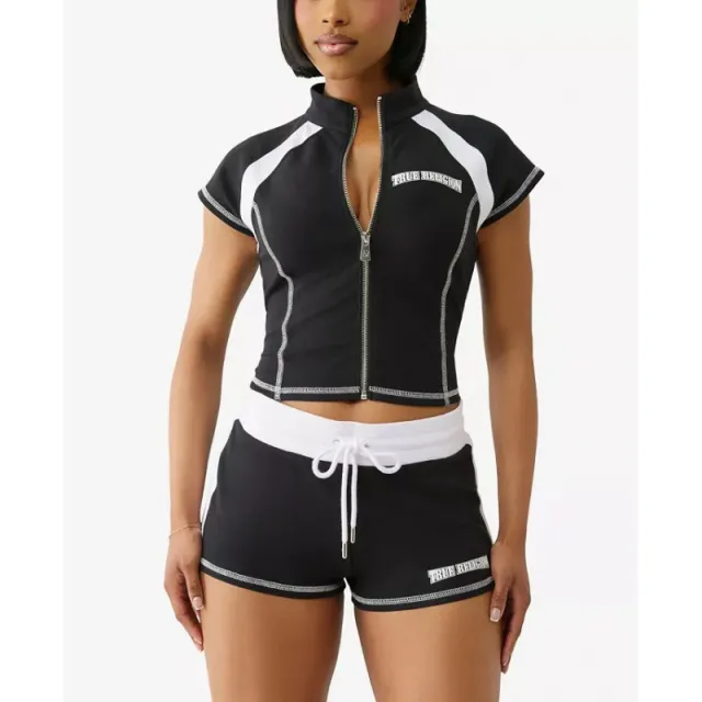 Womens Zip Up Cardigan Slim Fit Casual Sport Short Sleeve Top And Pants Set Black - Shop at LoveMi