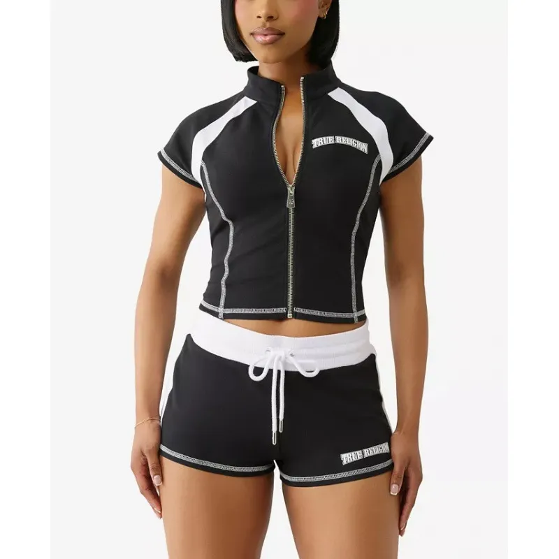 Womens Zip-Up Cardigan Slim-Fit Casual Sport Short-Sleeve Top And Pants Set - Black