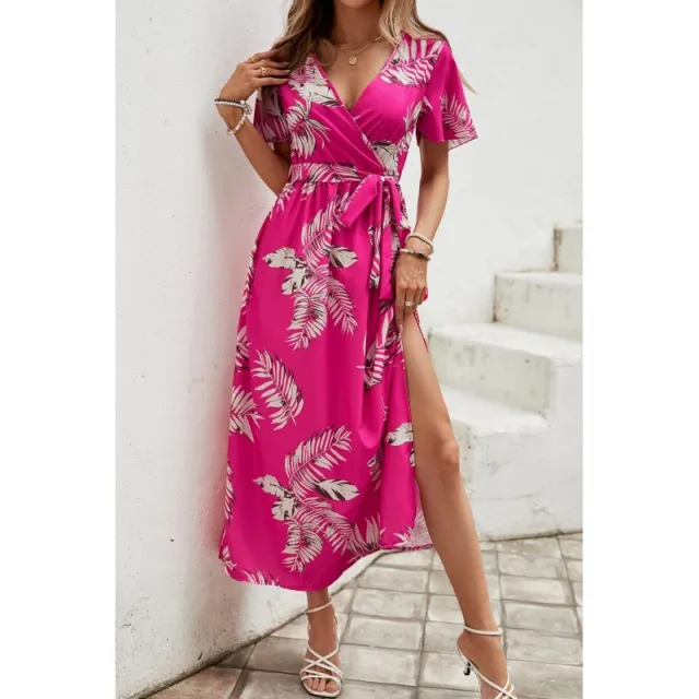 Summer Women's Printed Short Sleeve Dress V neck Waist slimming Long Dress Rose Red - Shop at LoveMi