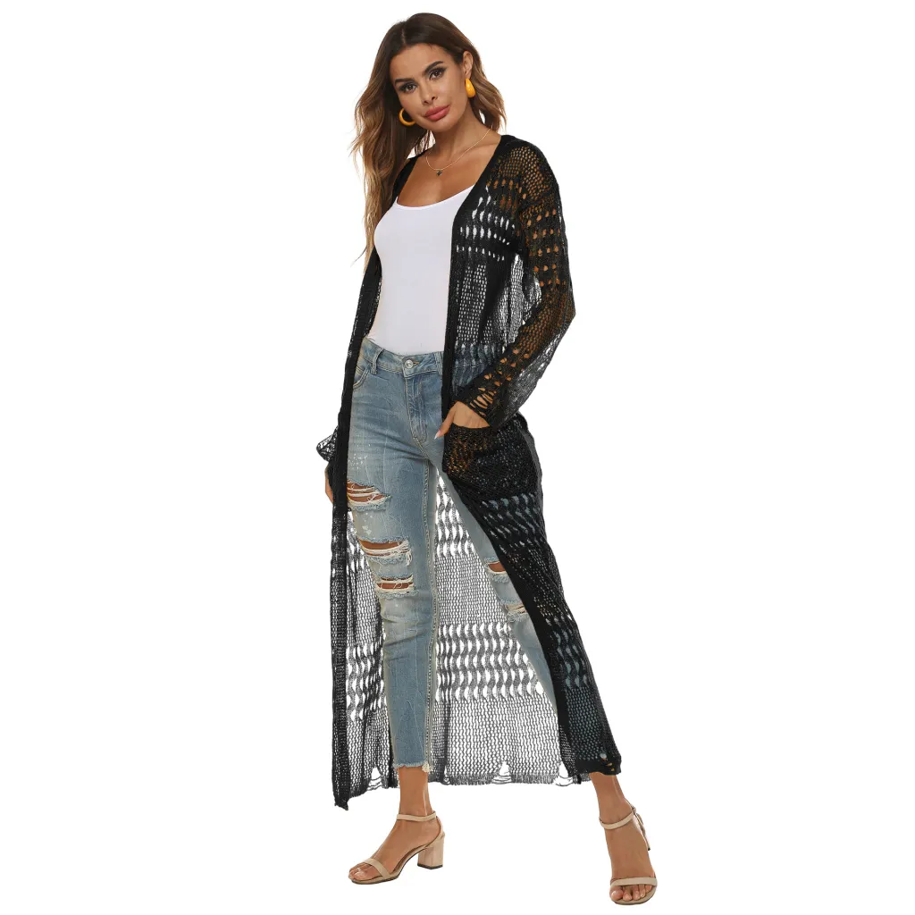 Women's Thin Woven Sweater Sheer Cutout Long - Black