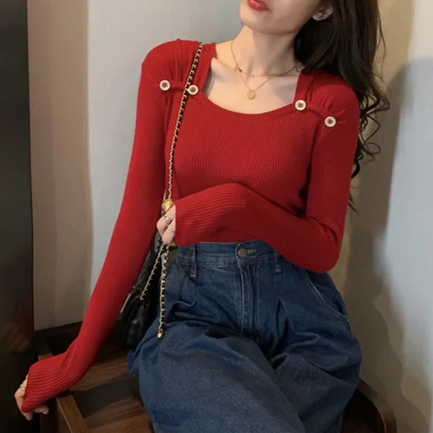 Women's Square Collar Long Sleeve Knitted Bottoming Shirt Red - Shop at LoveMi