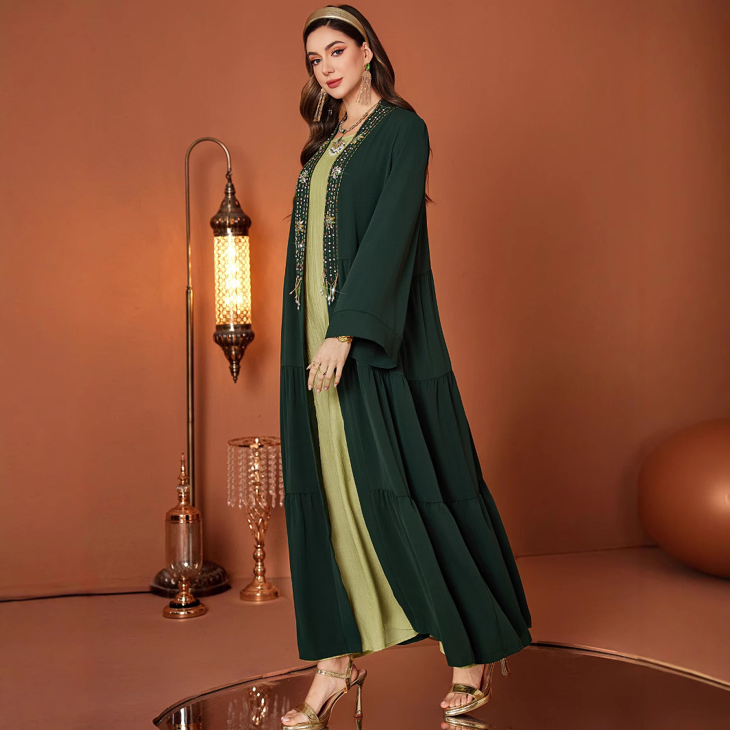 Dark Green Vintage Court Style Handmade Beaded Dress