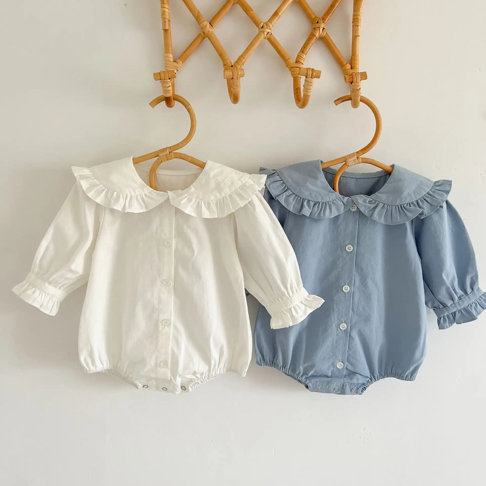 Baby Girl Solid Color Long-sleeve Jumpsuit Lace Doll Collar Onesie