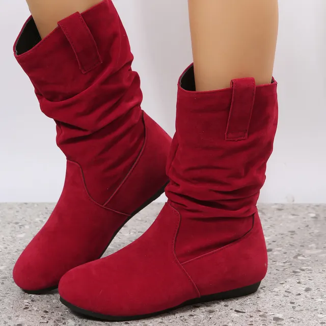 Large Size Flat Bottom Women Buskin Suede Stitching Women Round toe Boots Red - Shop at LoveMi