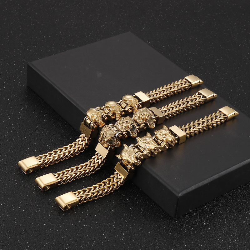 European And American-style Personalized Titanium Steel Bracelet Featuring Skull Wolf And Lion Motifs For Men