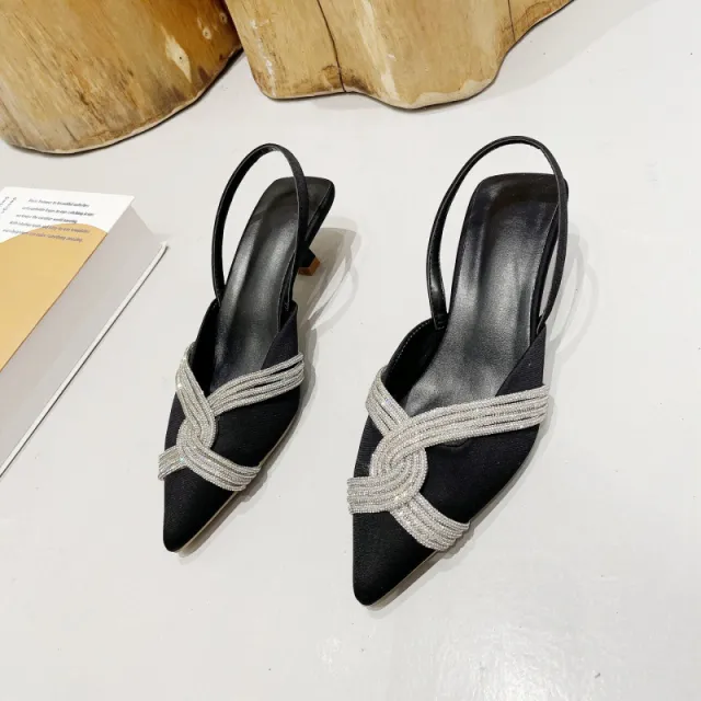 Rubber Water Diamond Decorations Pointed Stiletto Heel Back Strap Sandals Black - Shop at LoveMi