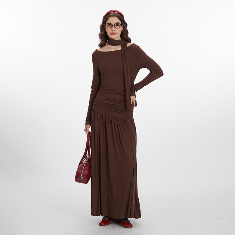 Off-shoulder Collar Dress Women's Spring And Autumn Fitted Waist Pleated Slimming And Long