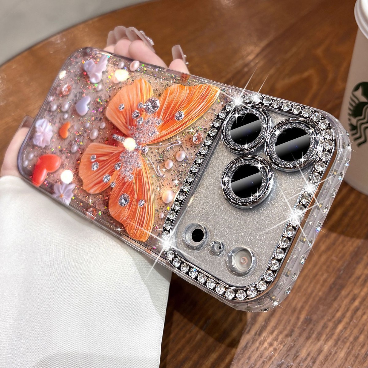 Rhinestone Butterfly Phone Case With Glitter Lens Protector Full-body Coverage