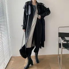 Retro Women's Mid-length Waist Slimming Pu Coat - Black - View 1