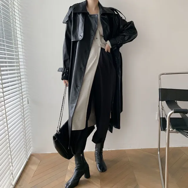Retro Women's Mid length Waist Slimming Pu Coat Black - Shop at LoveMi