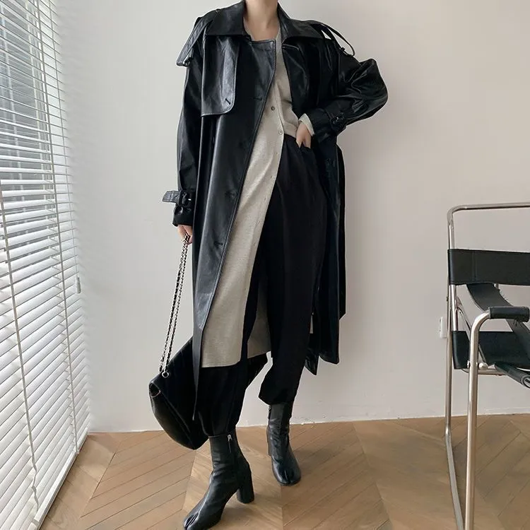Retro Women's Mid-length Waist Slimming Pu Coat - Black