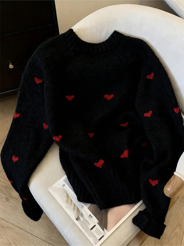 Women's Comfortable Sweater With Heart Pattern Long Sleeved Crew Neck Pullover Black - Shop at LoveMi