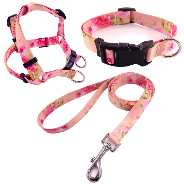Pet Printing Collar Rope Chest Strap Traction Three piece Set Pink Roses - Shop at LoveMi