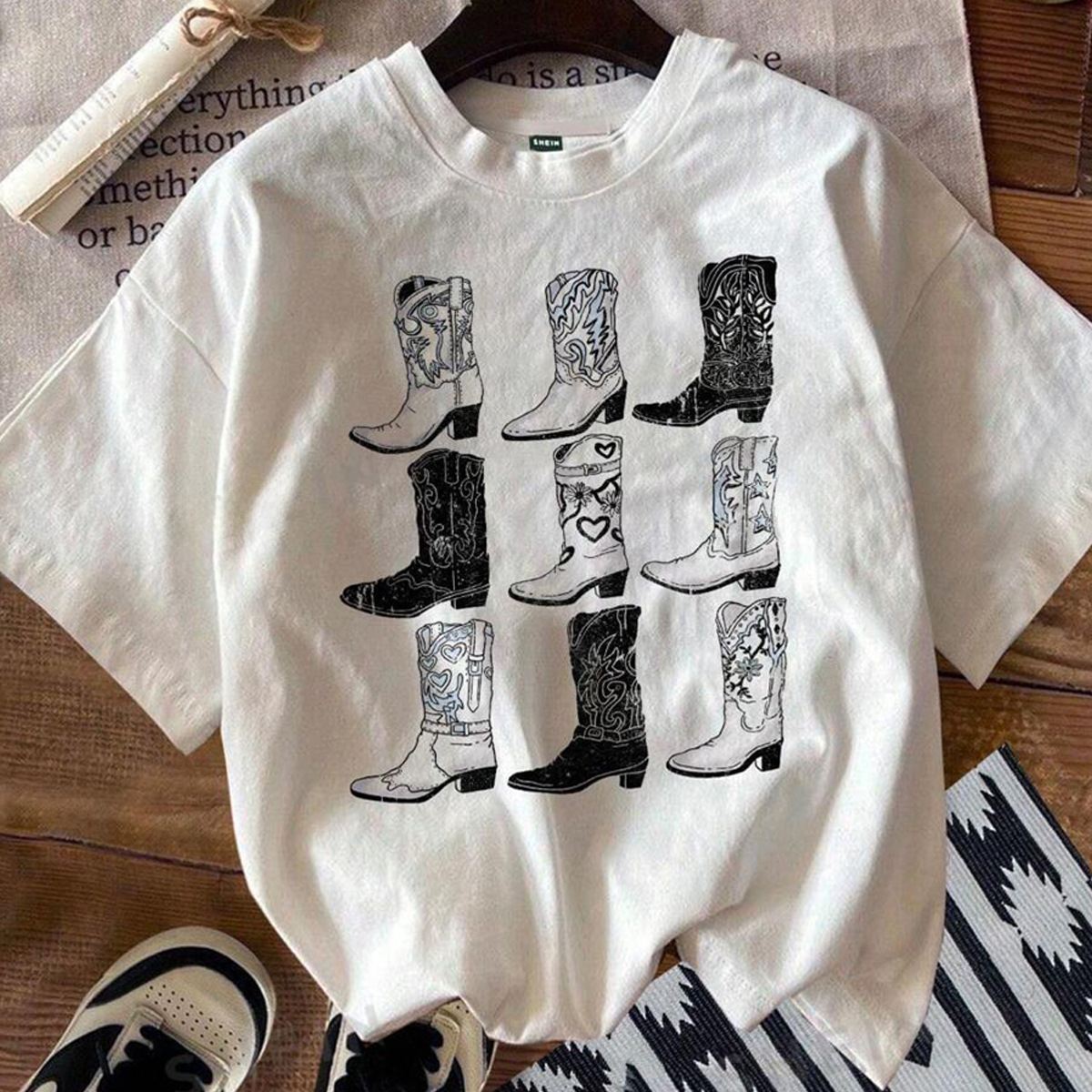 Fashion Retro Boots Printed T shirt For Women Black - Shop at LoveMi