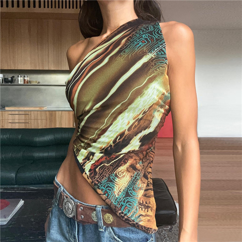 European American Fashion Floral Print One-shoulder Sleeve Slant-cut Bottom Slim Fit Bottoming Small Vest
