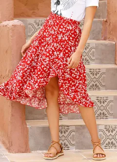 Summer New Pleated Ruffled Skirt Casual Floral Split Skirt - Red - View 1