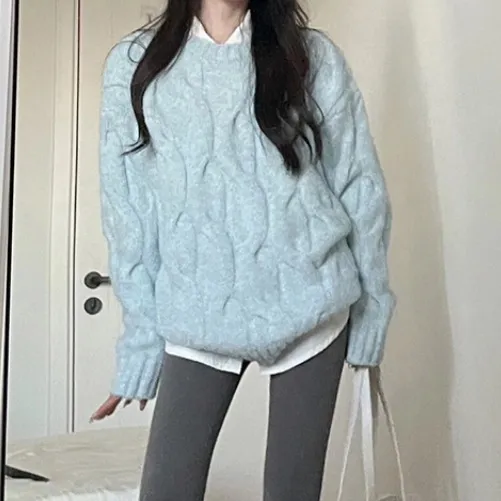Plus Size Sweater Loose Round Neck Sweater For Women Blue - Shop at LoveMi