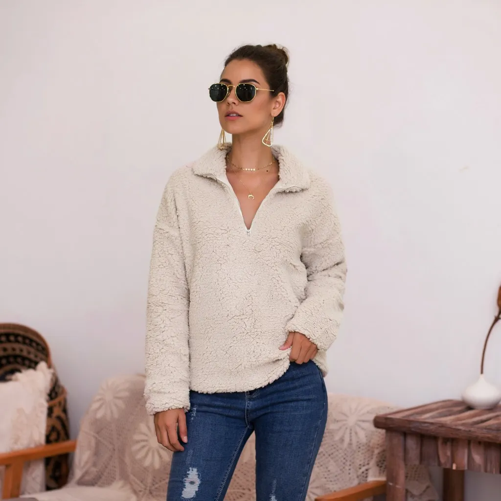 Women's Plush Coat Sweater Top - Apricot