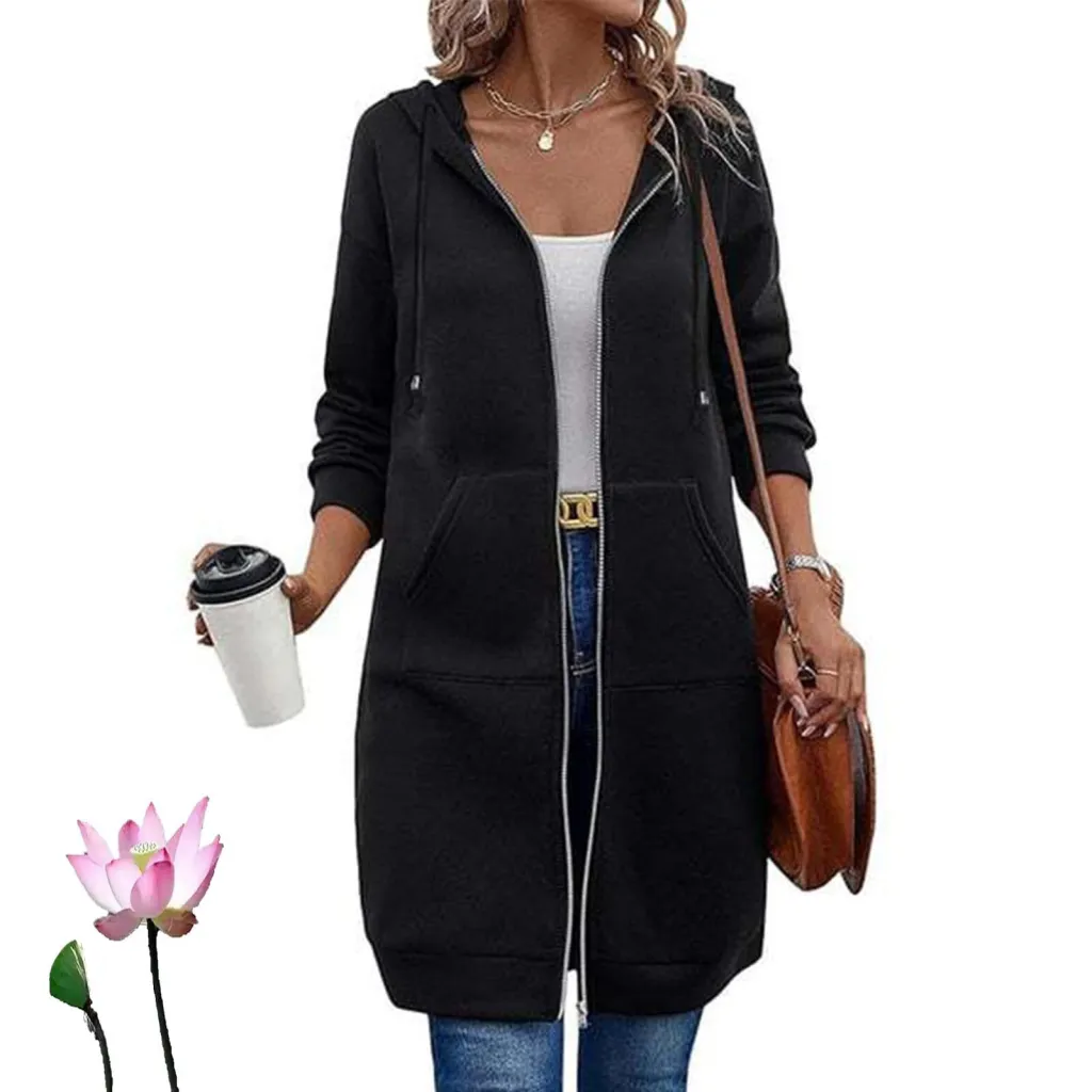 Women's Vintage Casual Long Jacket Fleece Drawstring Hoodie - Black