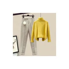 Women's Casual Sweater Haren Pants And Velvet Cotton Suit Set - Yellow Sweater Apricot Pants - View 1