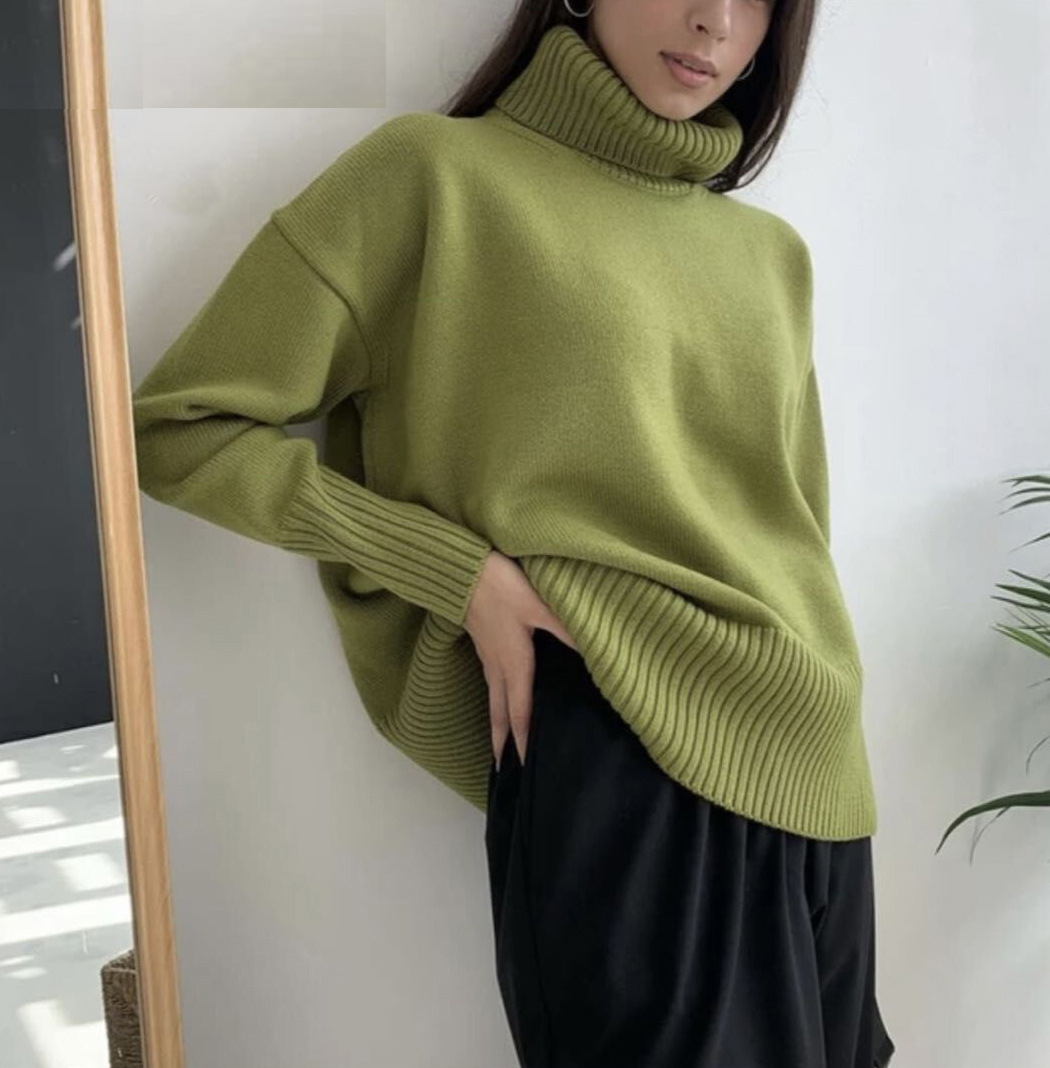 Women's Loose Casual Solid Color Turtleneck Sweater Green - Shop at LoveMi