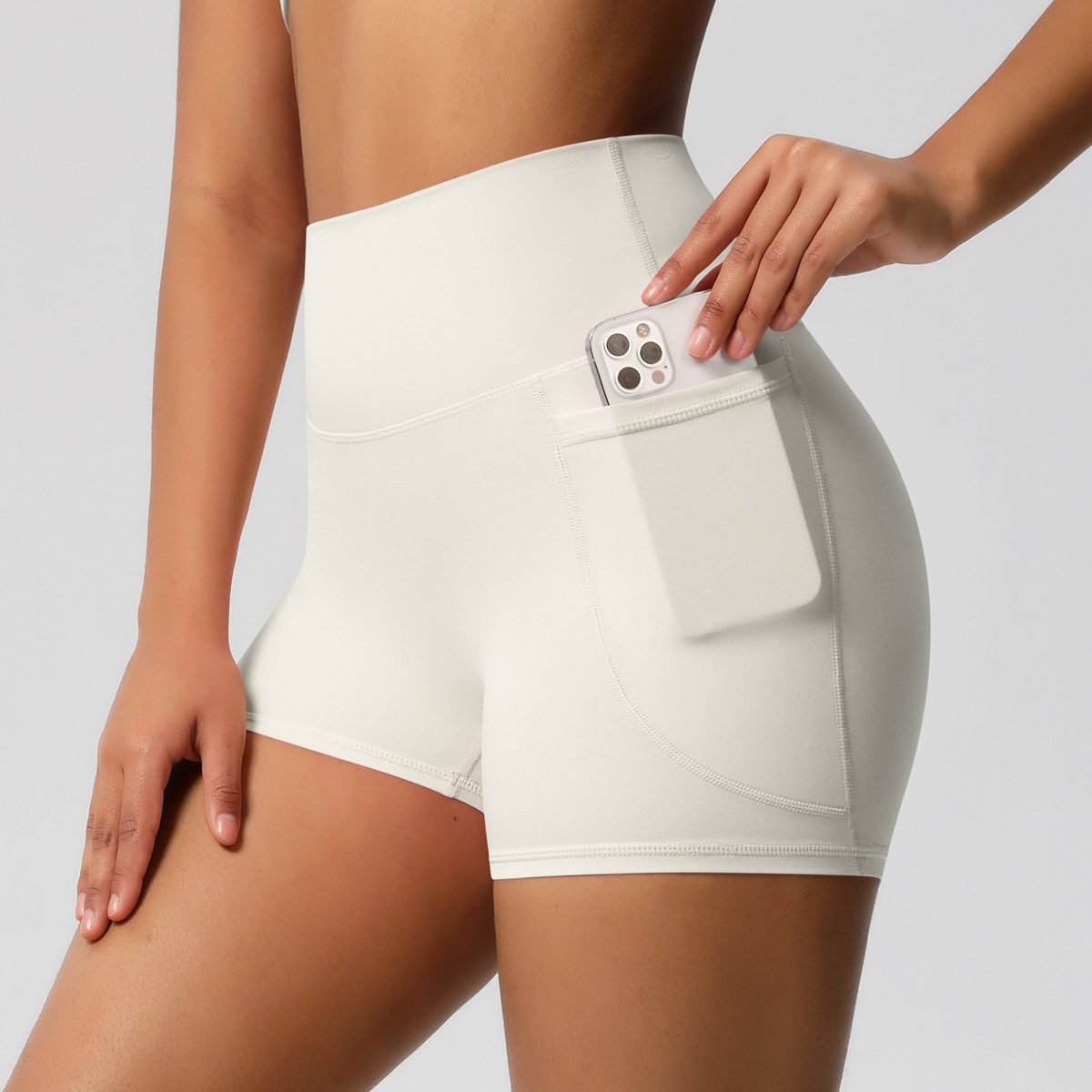 Brushed Solid Color Pocket High Waist Tight High Elastic Yoga Shorts Ivory - Shop at LoveMi