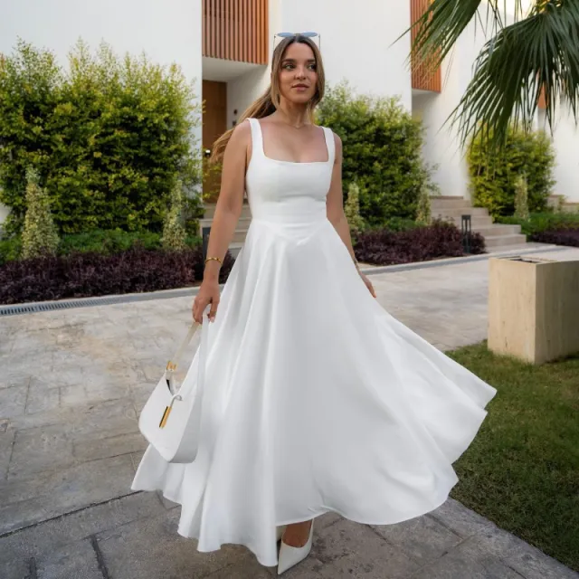 Square neck Sleeveless Waist Trimming Sling Dress White - Shop at LoveMi