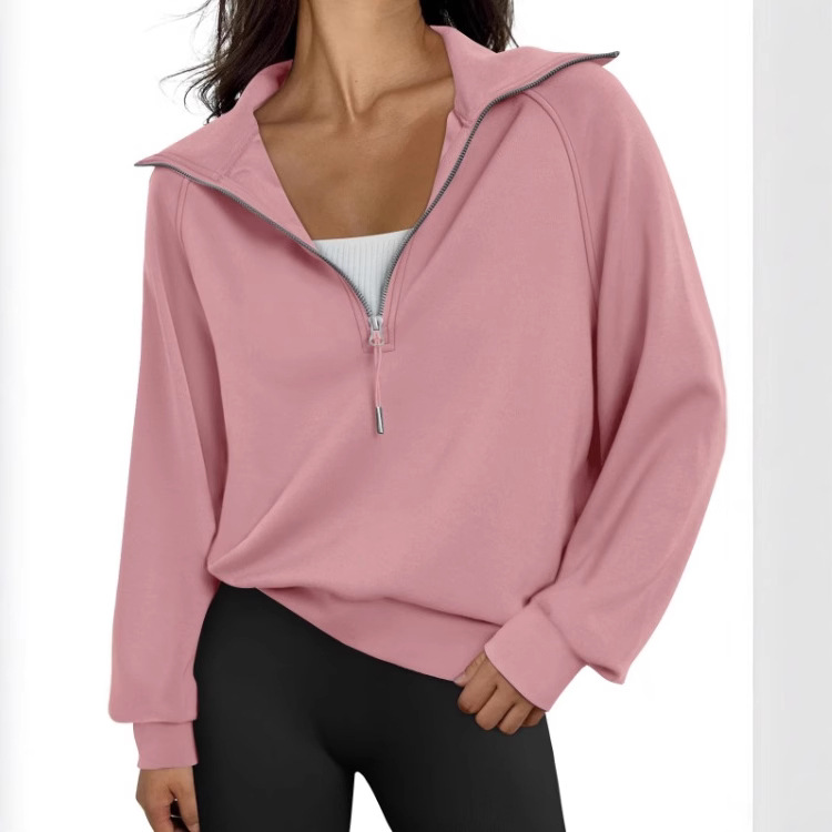 Women's Short Stand-collar Half-zip Fleece-lined Solid-color Sweatshirt