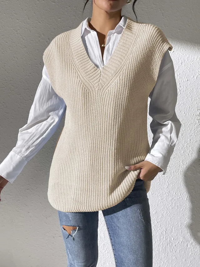 Solid Color Women's Vest V Neck Simple Casual Knit Sweater Vest Apricot - Shop at LoveMi