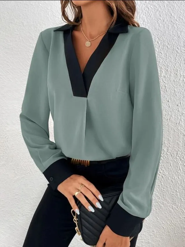 Women's V collar Contrast Color Casual Shirt Green - Shop at LoveMi