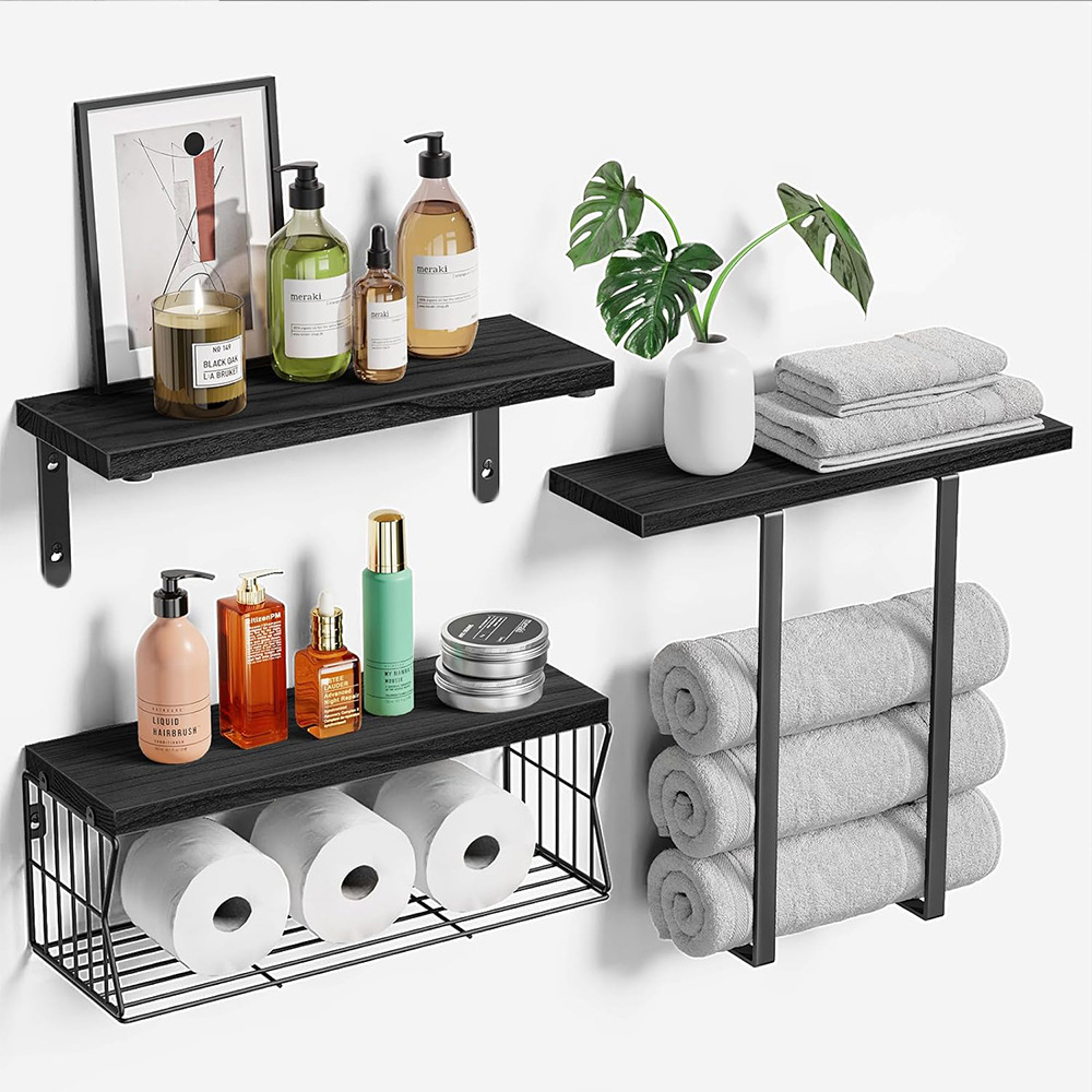 Wooden Toilet Partition Shelf With A Paper Storage Basket