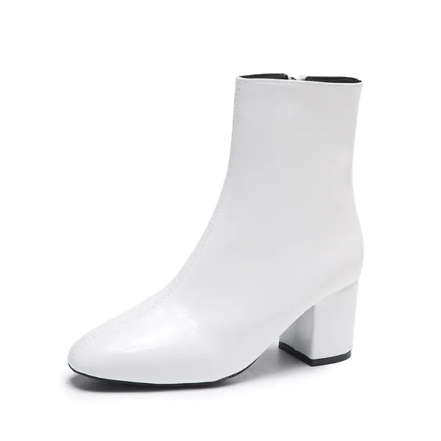 Autumn New Side Zipper Chunky Heel Square Toe Mid calf Simple Fashion High Heels White - Shop at LoveMi