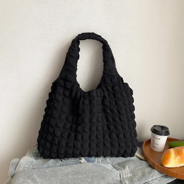 Pleated Bubble Bag Girl One shoulder Hand Carrying Black - Shop at LoveMi