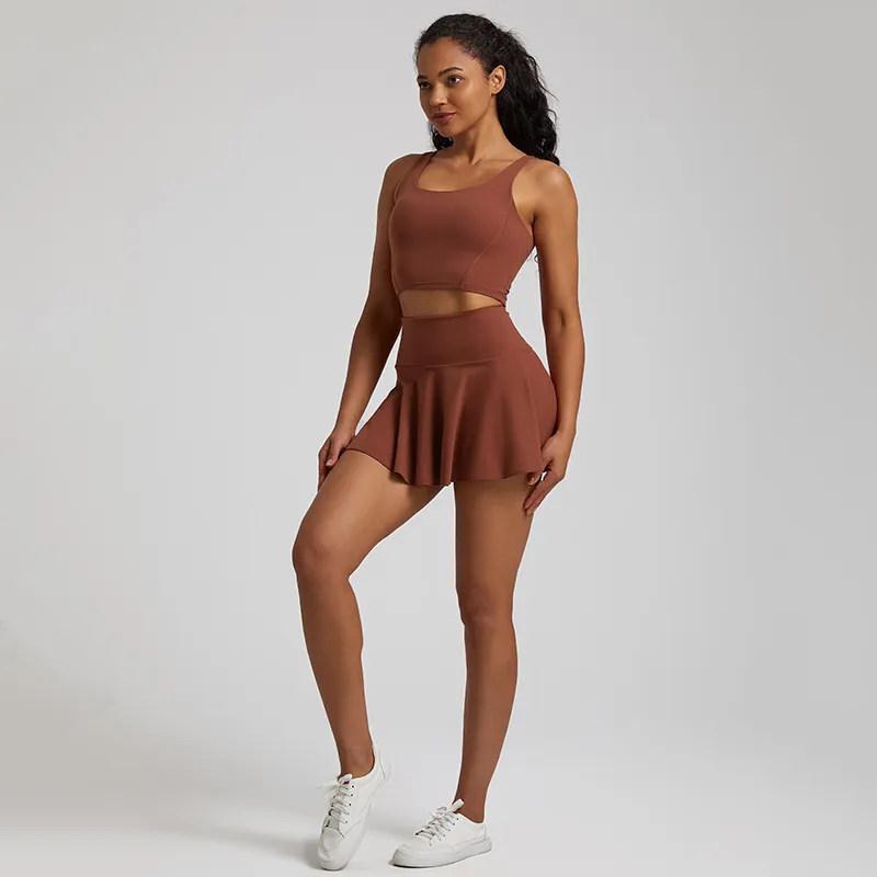 Nude Feel Outdoor Running Fitness Casual Pleated Mini Skirt Vest Suit - 7731 Red Coffee Color Suit