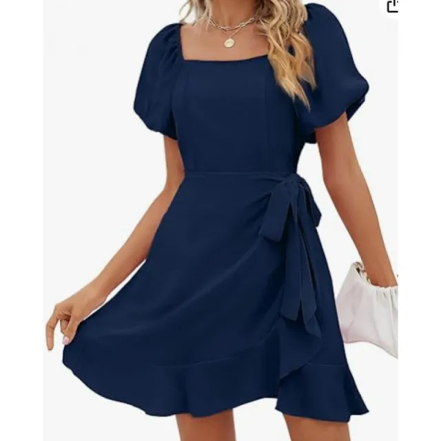 Women's Square Collar Solid Color Puff Sleeve Dress Lace up Waist Dark Blue - Shop at LoveMi