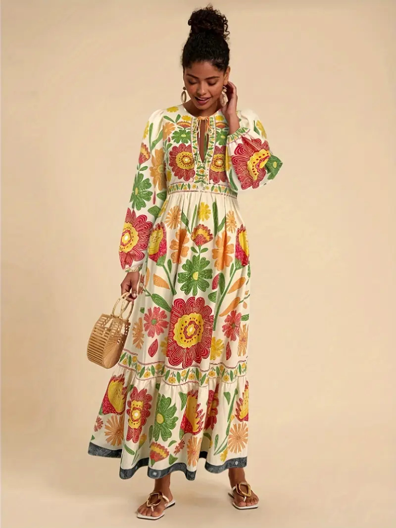 Printed Flared Skirt Long Sleeve Lace Up Casual Dress - Image 3