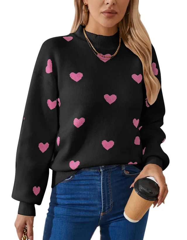 Autumn And Winter New Love Brocade Sweater Women Black Pink - Shop at LoveMi