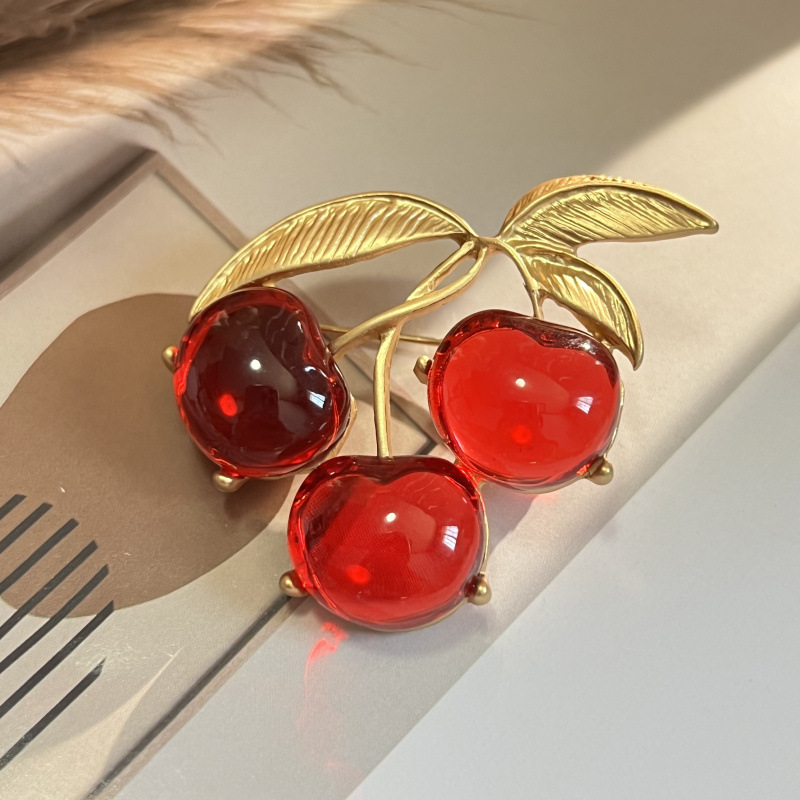 Medieval Plain Gold Cherry Personality Brooch Retro Hong Kong Style Niche Temperament Red 925 Silver Pin Earrings