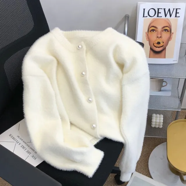 Spring And Autumn Soft Glutinous Artificial Mink Fur Sweater Cardigan For Women Beige - Shop at LoveMi