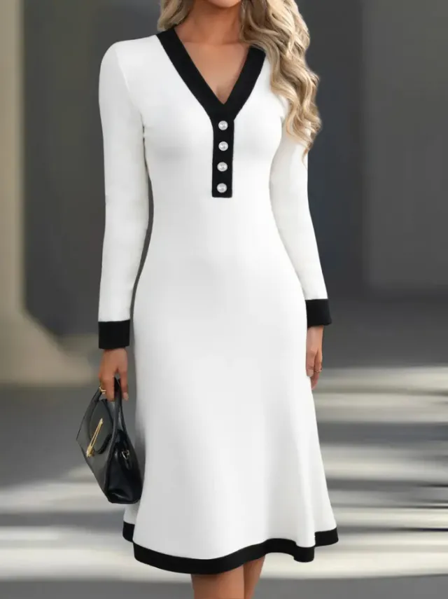 Commuting Color block V neck Midi Dress Casual White - Shop at LoveMi