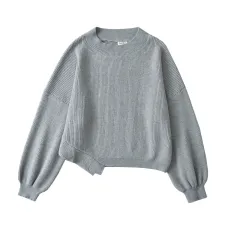 Women's American-style Temperament Leisure Slant-shoulder Loose Sweater - Light Grey - View 1