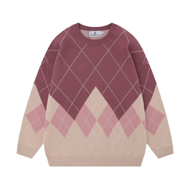 Rhombus Plaid Crew Neck Sweater For Women Red - Shop at LoveMi
